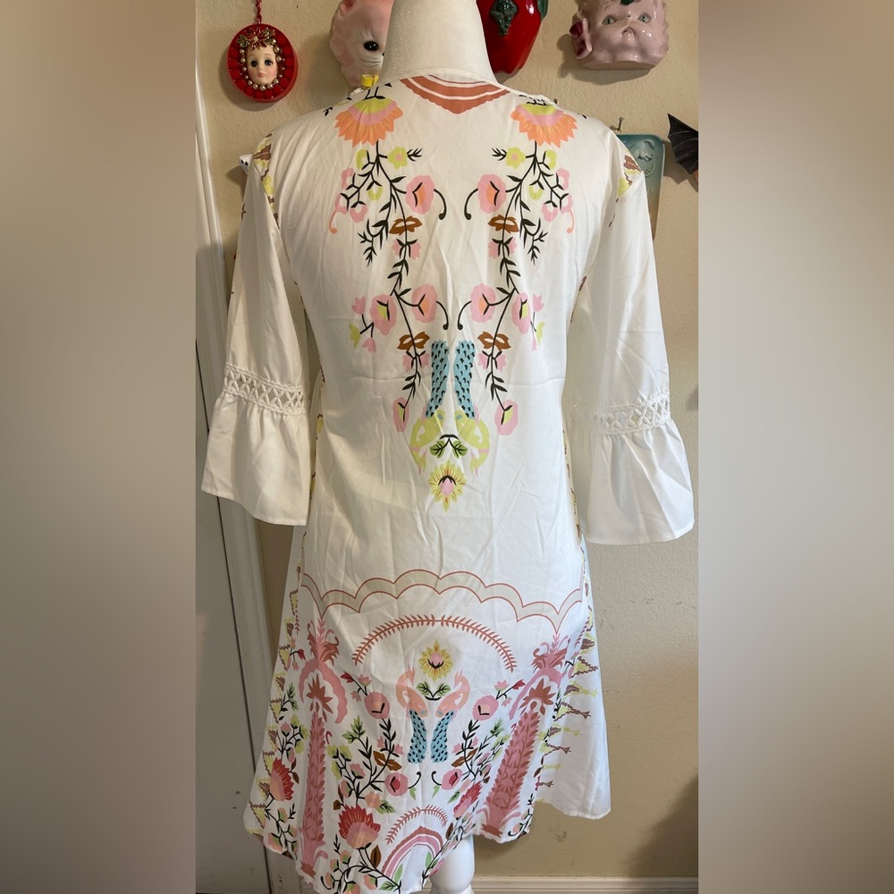 Boho White Babydoll Dress Floral V Neck Crochet Trim Cottagecore Small - Picture 3 of 8